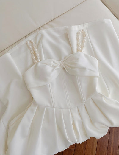 White Straps Pearls Short Prom Dress