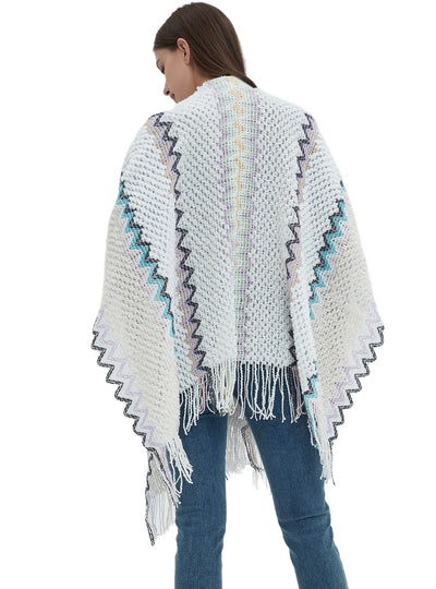Ethnic White Knitted Split Tassels Shawl