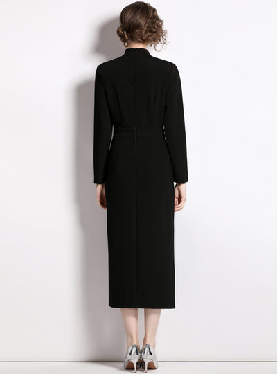 Black Bow Slim Long Sleeve Dress
