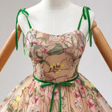 Champagne Long Sleeve Embroidery Prom Dress