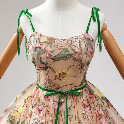 Champagne Long Sleeve Embroidery Prom Dress