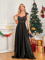 Black Satin Sequins Long Prom Dress
