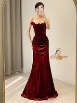 Burgundy Velvet Rose Flower Prom Dress