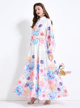 Slim Lantern Sleeve Button Printed Dress