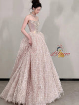 Pink Strapless Beading Crystal Prom Dress