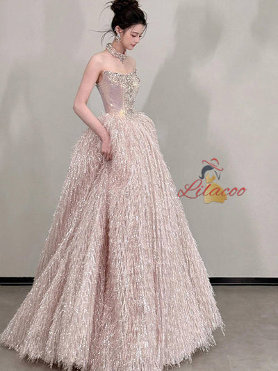 Pink Strapless Beading Crystal Prom Dress