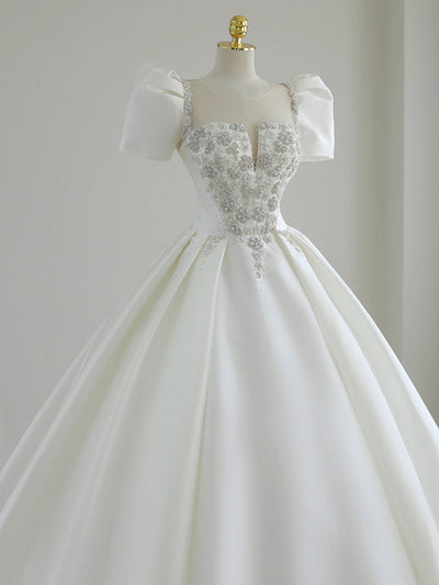 White Satin Puff Sleeve Beading Wedding Dress