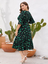 V-neck Short-sleeved Ruffled Printed Dress