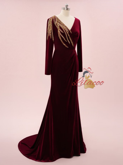 Burgundy Mermaid Velvet Beading Prom Dress