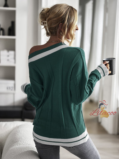 V-neck Contrast Stitching Sweater Top