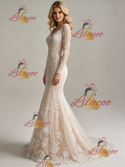 Mermaid Tulle Lace Long Sleeve Wedding Dess