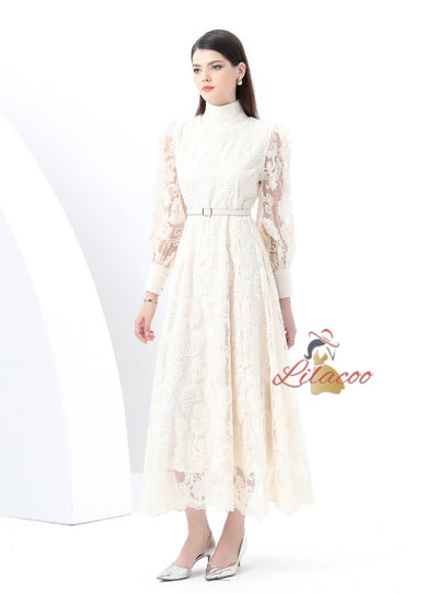 Embroidered Lantern Sleeves Lace Dress