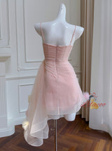 Pink Tulle Spaghetti Straps Pleats Prom Dress