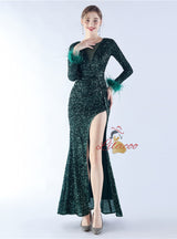 Long Sleeve Mermaid Sequins Split Prom Dress