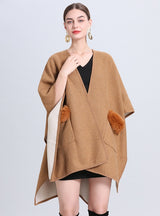 Pocket Bat Sleeve Fur Collar Shawl Cloak