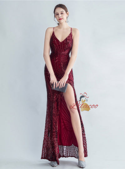 Sequins V-neck Backless Split Prom Dress
