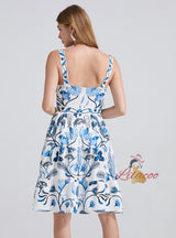Blue Printed Suspender Dress