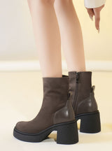 Thick Heel Stitching Side Zipper Booties