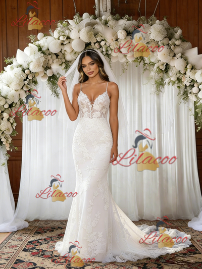White Mermaid Tulle Lace Straps Wedding Dress