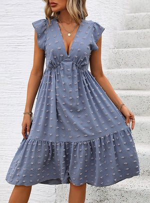 Blue Loose Jacquard Lotus Leaf Sleeve Dress