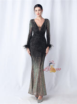 Burgundy Long Sleeve Sequins Prom Dress