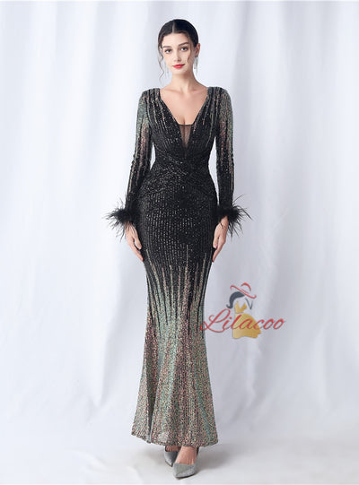 Burgundy Long Sleeve Sequins Prom Dress