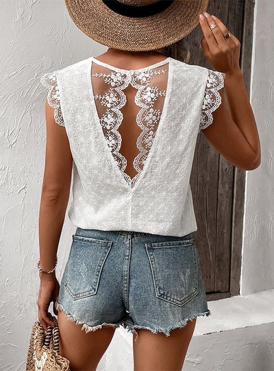 V-neck Lace Stitching Sleeveless White Shirt