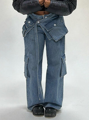 Washed Low Waist Pocket Loose Jeans