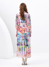 Palace Lapel Lantern Sleeve Long Retro Print Dress