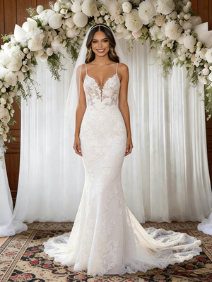 White Mermaid Tulle Lace Straps Wedding Dress