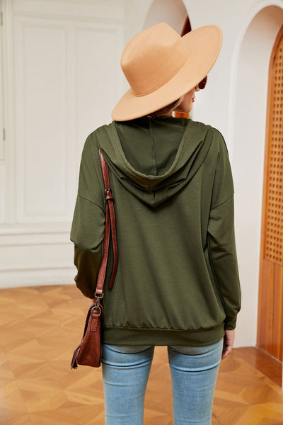 Button Drawstring Pocket Long Sleeve Top