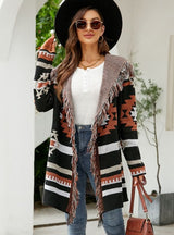 Loose Hooded Coat Tassel Geometric Jacquard Sweater Cardigan