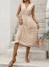 Solid Color Striped Sleeveless V-neck Elastic Waist Dress
