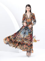 Retro Deep V-neck Floral Long Two-piece Dress
