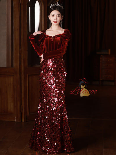 Burgundy Mermaid Sequins Velvet Prom Dress