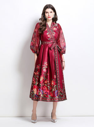 Vintage Palace V-neck Printed Long Dress