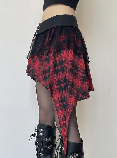 Waist-turned Plaid Irregular Slim Skirt