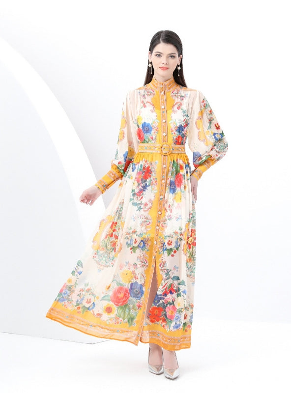 Lantern Sleeve Retro Print Dress