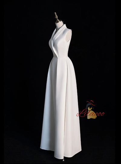 White V-neck Sleeveless Prom Dress