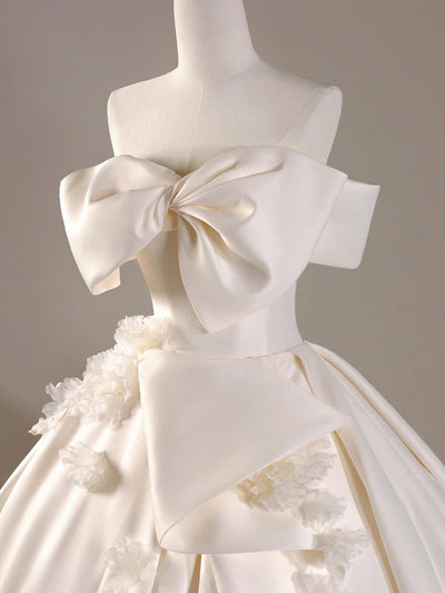 Ivory White Satin 3D Flower Wedding Dress