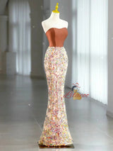 Brown Mermaid Strapless Sequins Satin Prom Dress