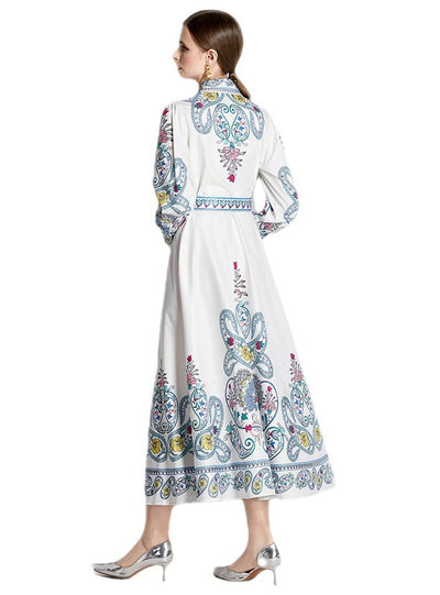Printed Long-sleeved High-waist Slim Dress