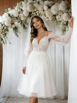 White Tulle Long Sleeve Short Wedding Dress