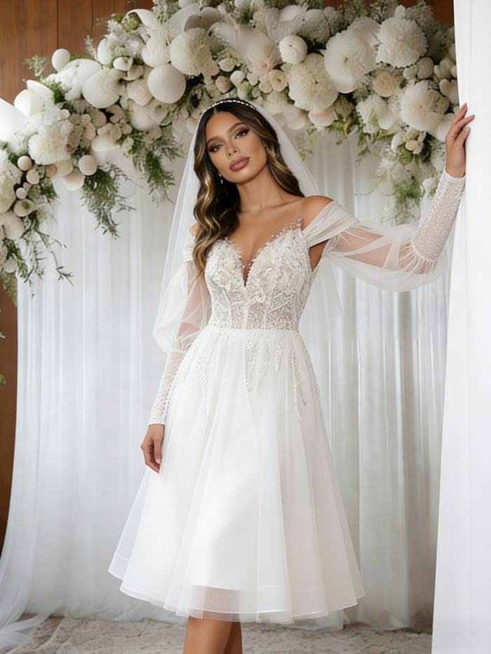 White Tulle Long Sleeve Short Wedding Dress
