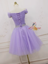 Purple Tulle Off the Shoulder Pleats Beading Homecoming Dress