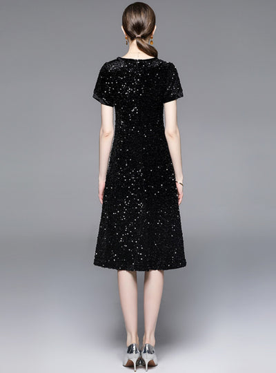 Black Sequined Short Sleeve Dress