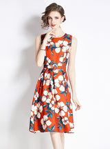Slim Waist Sleeveless Printed Dress