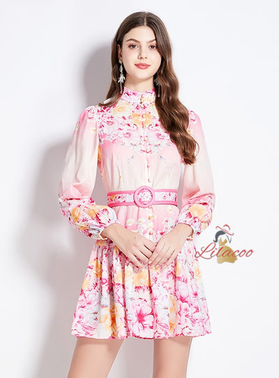 Slim Lantern Sleeve Ruffled Printed Dress