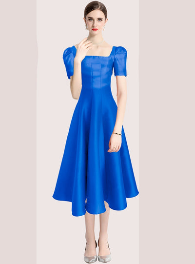 Solid Color Pleated Slim Square Collar Dress
