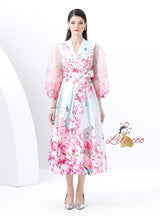 Palace Style Printed V-neck Long-sleeved Dress